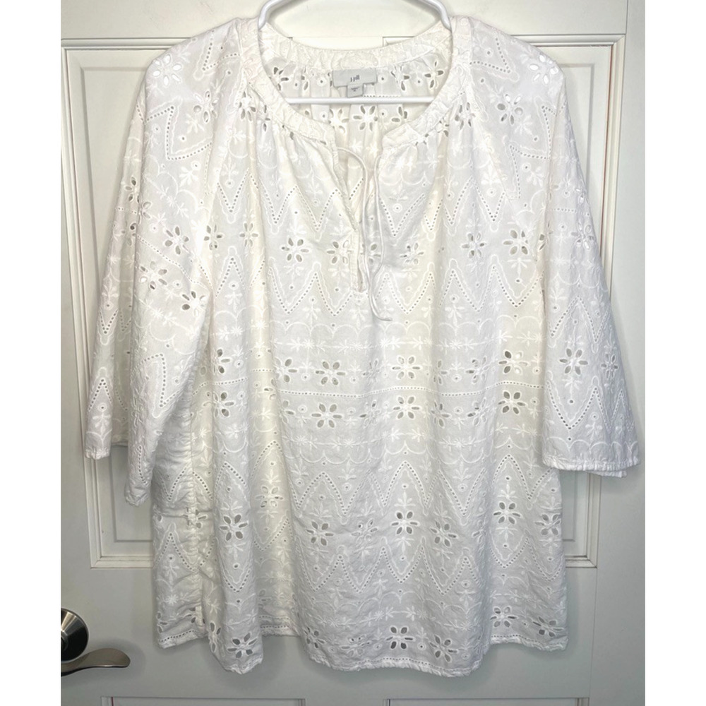 J. Jill Women's White Cotton Embroidered Eyelet Peasant Top Sz XL Coquette Boho